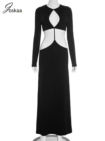 Women's Backless Cutout Long Sleeve Maxi Dress Black – Back View