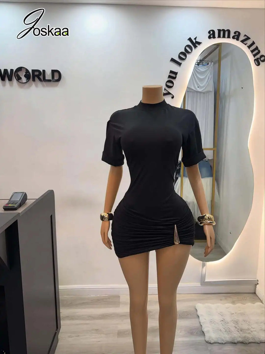 Women's Ruched Short Sleeve Bodycon Mini Dress Black – Side View