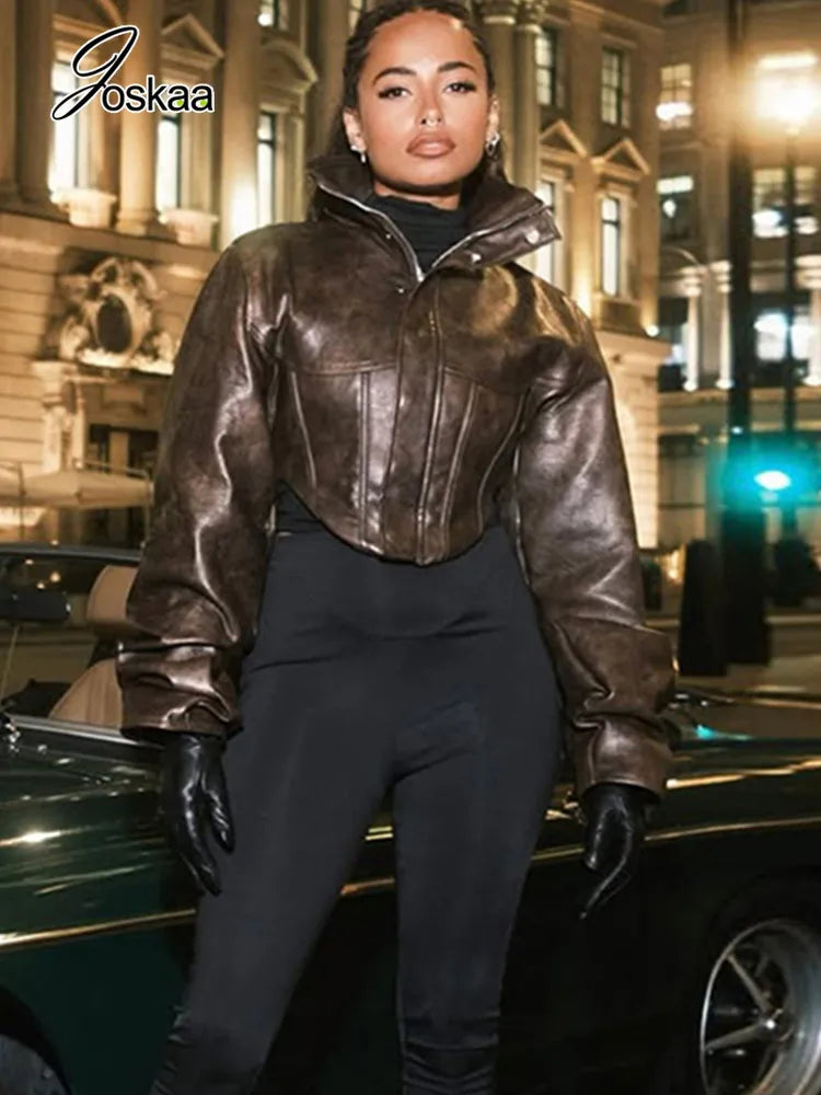 Women's Faux Leather Long Sleeve Crop Jacket Coffee – Front View