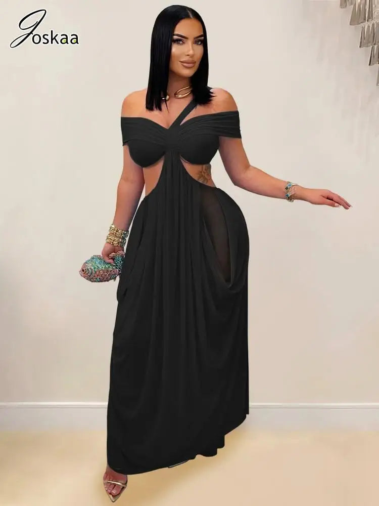 Women's Mesh Backless Cutout Strapless Maxi Dress Grey Brown – Back View