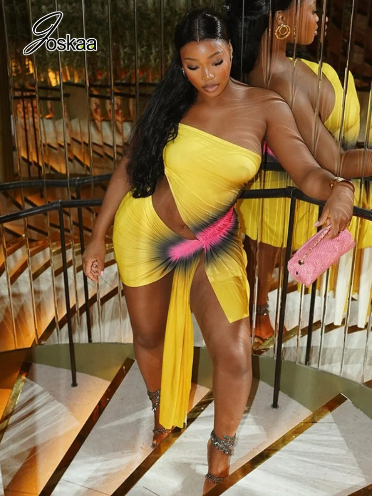 Women's Ruched Backless Cutout Mini Dress Yellow – Front View