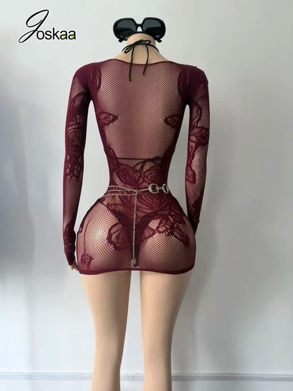 Women's Mesh Knit Cutout Long Sleeve Mini Dress Maroon – Back View