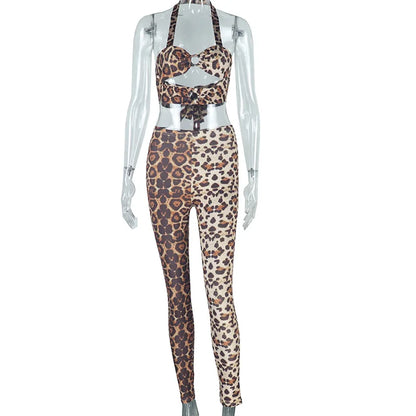 Women's Leopard Print Backless Halter Two Piece Set