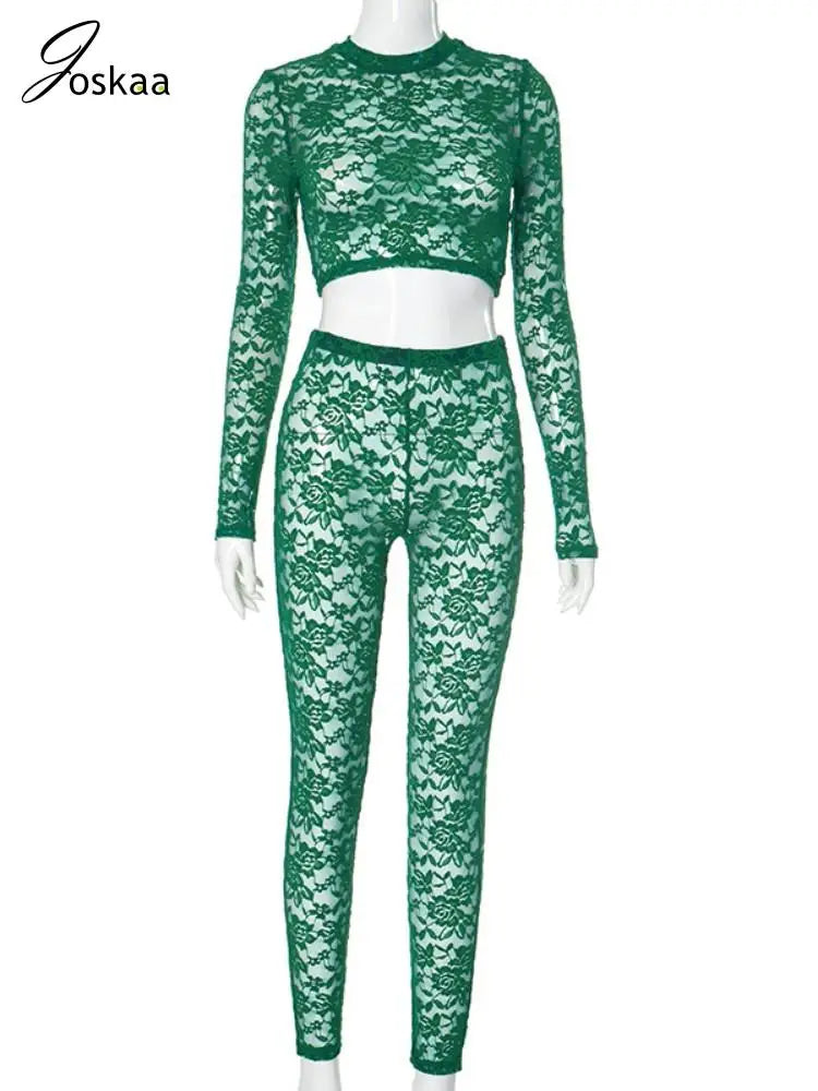 Women's Lace Long Sleeve Crop Two Piece Set Green – Back View