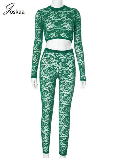 Women's Lace Long Sleeve Crop Two Piece Set Green – Back View