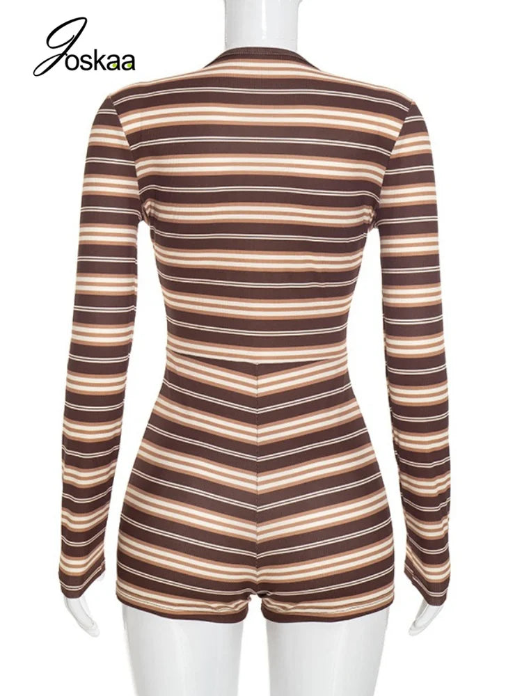 Women's Striped V-neck Long Sleeve Bodycon Romper - Detail View