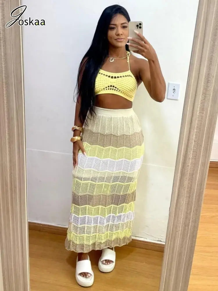 Women's Knit Halter Maxi Ribbed Two Piece Set Pink – Back View
