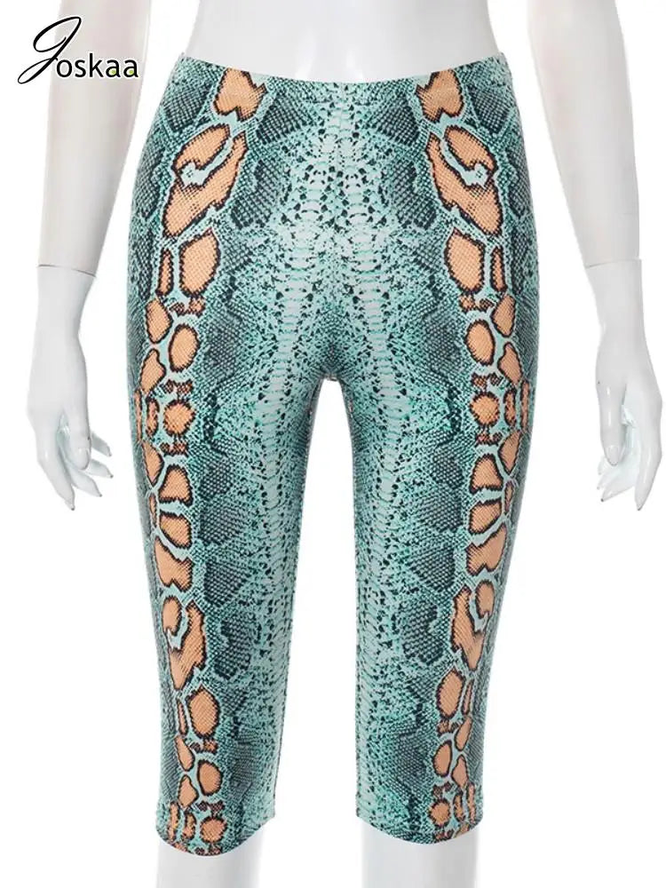 Women's Snake Print Knee Length Elastic Pants Blue – Back View