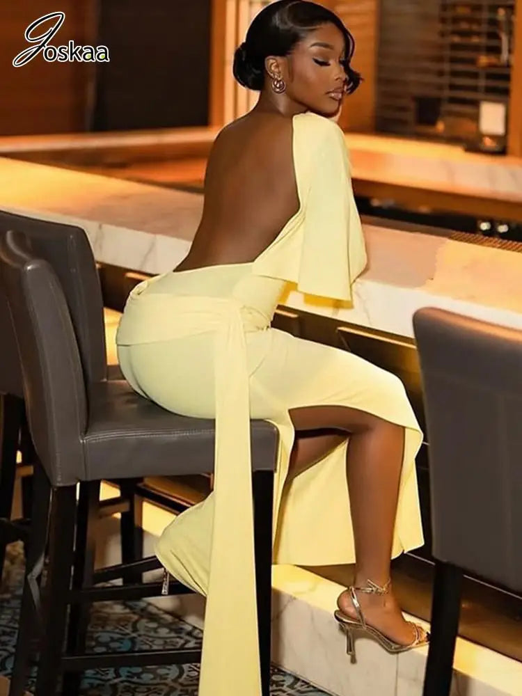 Women's Ruched Backless Bodycon Maxi Dress Yellow – Side View