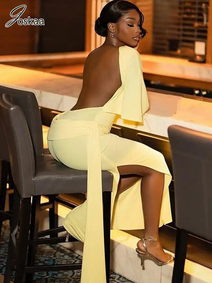 Women's Ruched Backless Bodycon Maxi Dress Yellow – Side View