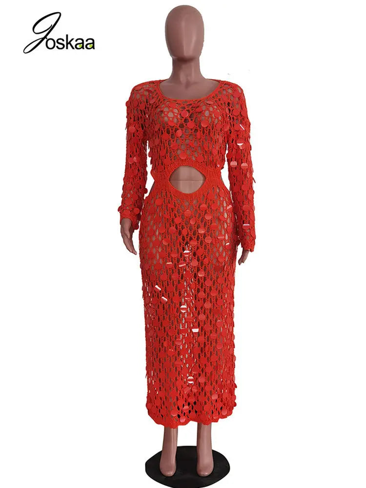Women's Sequin Knit Cutout Long Sleeve Maxi Dress 350852 – Detail View