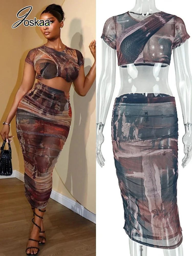 Women's Mesh Ruched Short Sleeve Two Piece Set – Women's Fashion Wholesale – Front View