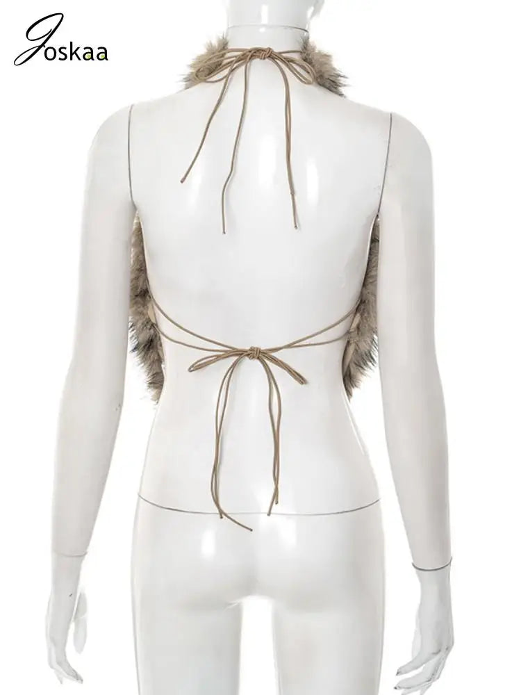 Women's Backless Cutout Halter Faux Fur Slit Top Brown – Detail View