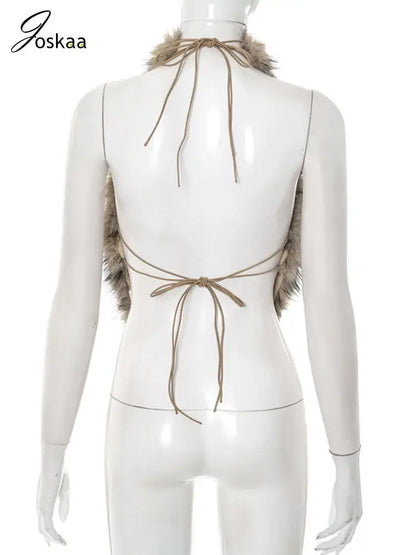 Women's Backless Cutout Halter Faux Fur Slit Top Brown – Detail View