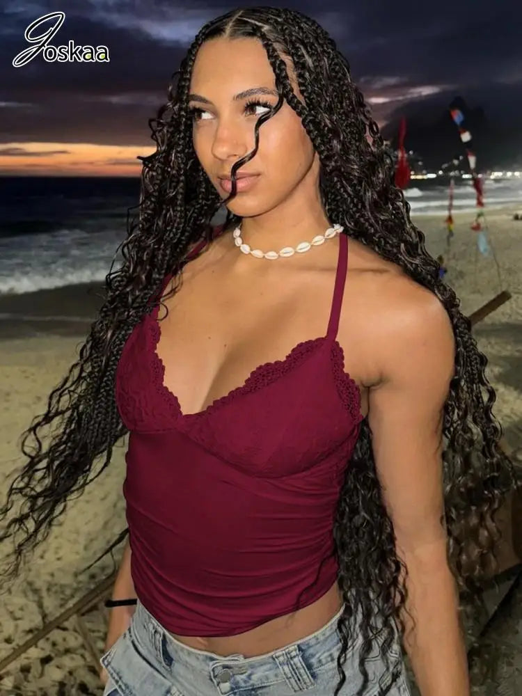 Women's Lace Backless Halter Patchwork Camisole V-neck Top Red – Front View
