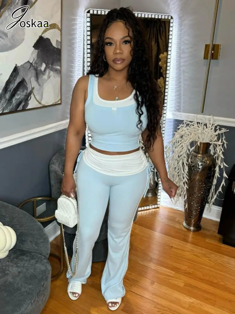 Women's Knit Crop Flare Ribbed Two Piece Set Light Blue – Side View