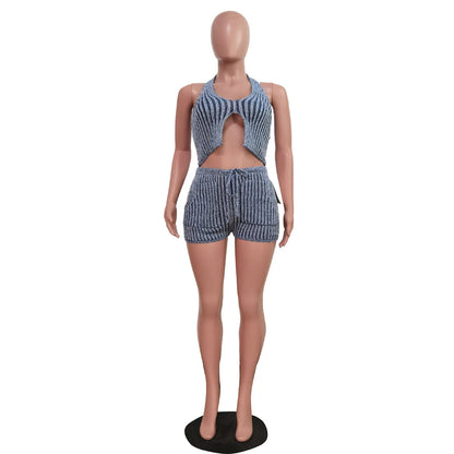Women's Striped Ribbed Knit Backless Halter Two Piece Set - Additional View 7