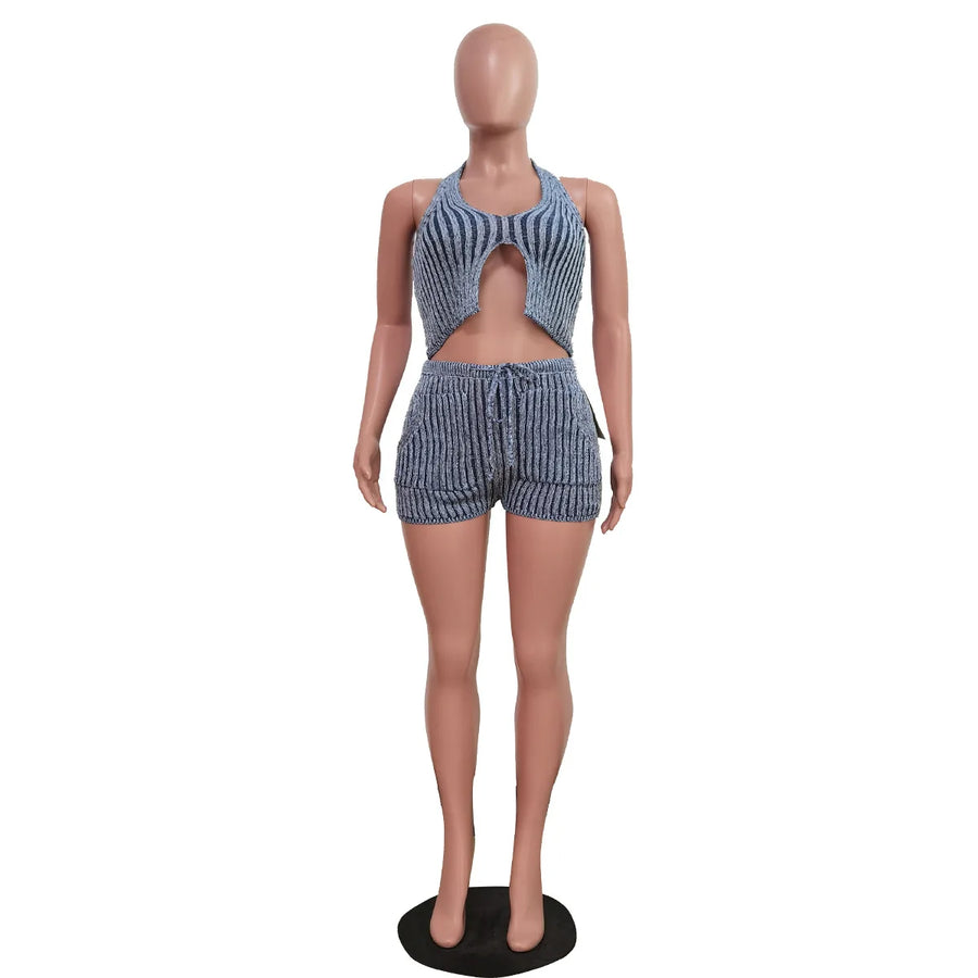 Women's Striped Ribbed Knit Backless Halter Two Piece Set - Additional View 7