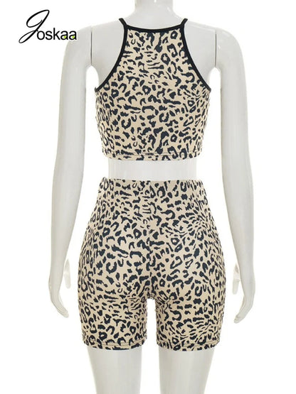 Women's Leopard Print Crop High Waist Two Piece Set Gray – Detail View