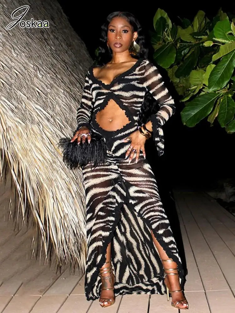 Women's Zebra Print Stripe Cutout Maxi Dress Black – Side View