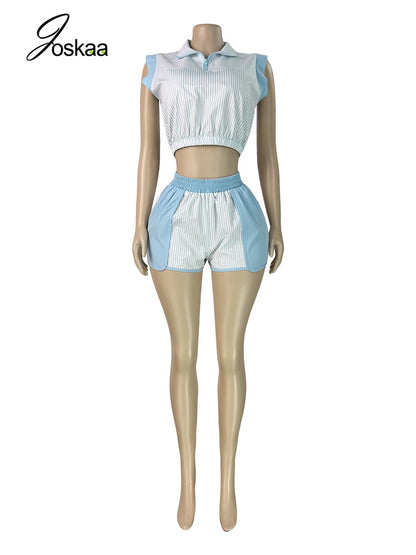 Women's Striped Zip Up Sleeveless Two Piece Set - Detail View 3