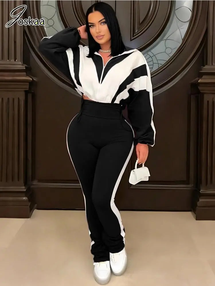 Women's Long Sleeve High Waist Two Piece Set Black – Front View