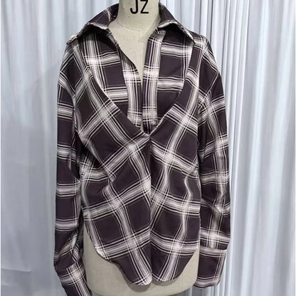 Women's Long Sleeve Plaid Asymmetric Shirt Top