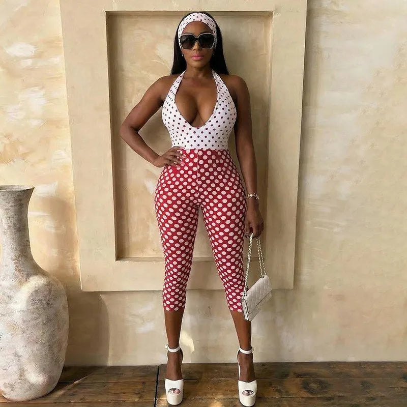 Women's Polka Dot Backless Halter Romper