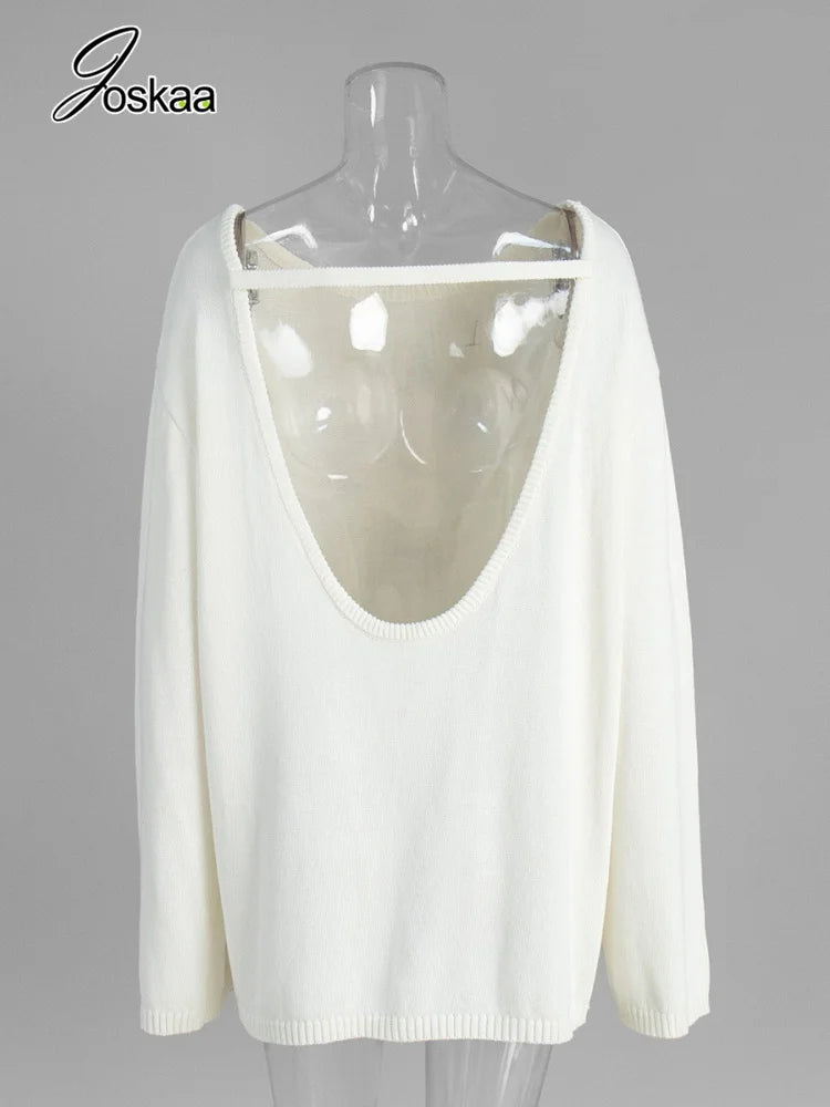 Women's Knit Backless Long Sleeve Ribbed Top White – Detail View