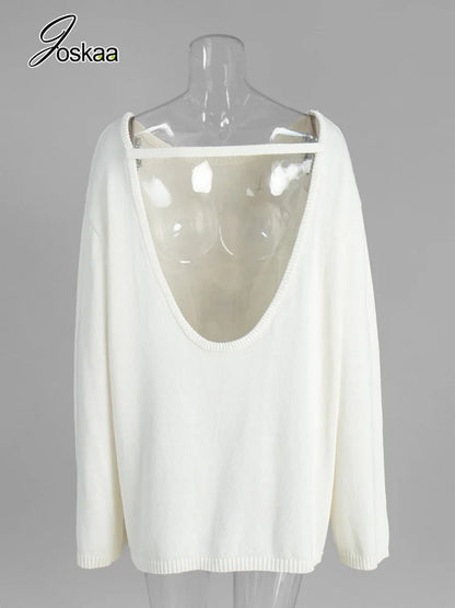 Women's Knit Backless Long Sleeve Ribbed Top White – Detail View