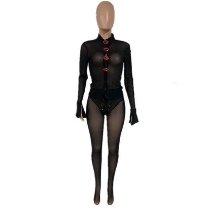 Women's Mesh Faux Leather Long Sleeve Two Piece Set
