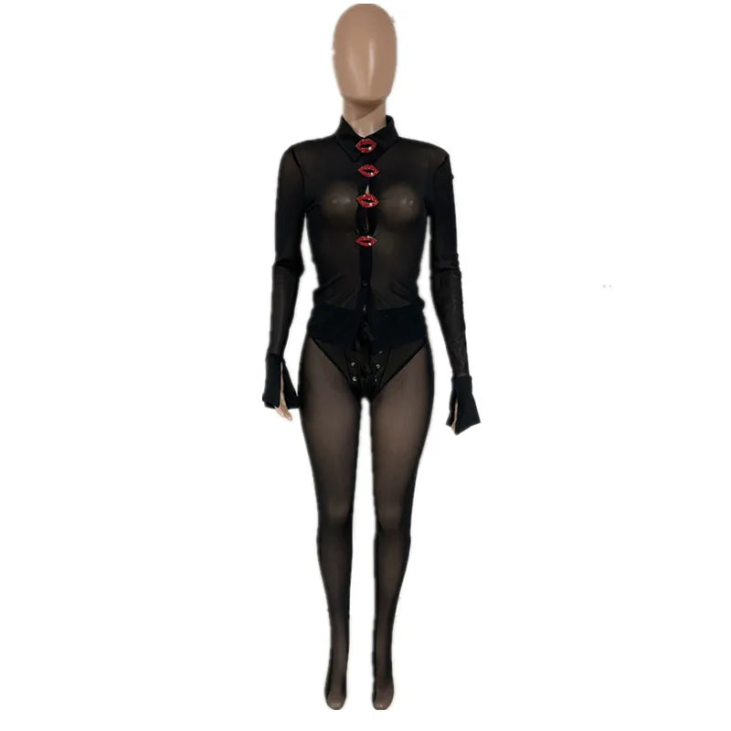 Women's Mesh Faux Leather Long Sleeve Two Piece Set
