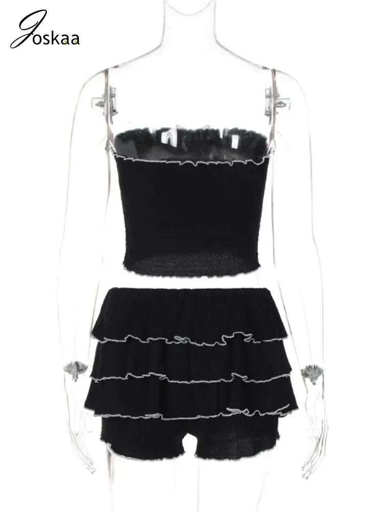 Wholesale Women's Ruched Strapless Two Piece Set Black – Detail View