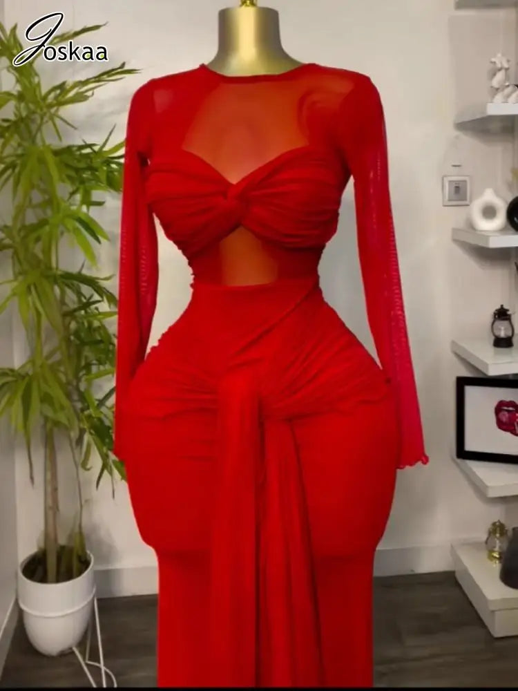 Wholesale Women's Mesh Bodycon Pleated Maxi Dress Red – Front View