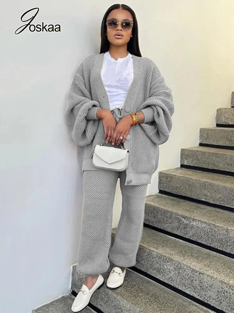 Women's Knit Long Sleeve Ribbed Two Piece Set Gray – Front View