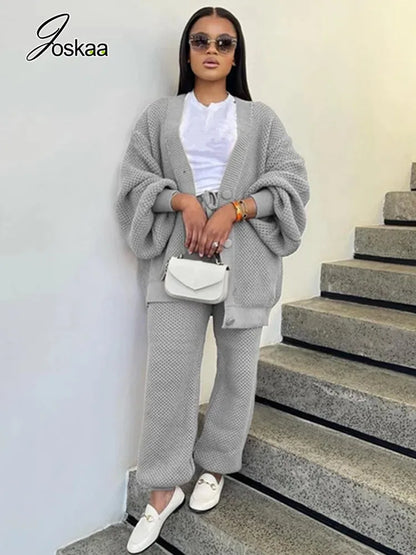 Women's Knit Long Sleeve Ribbed Two Piece Set Gray – Front View