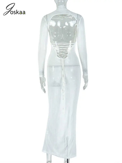 Women's Backless Long Sleeve Bodycon Maxi Dress White – Detail View