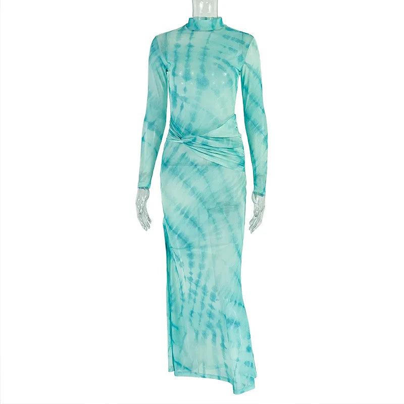 Women's Mesh Ruched Long Sleeve Bodycon Dress