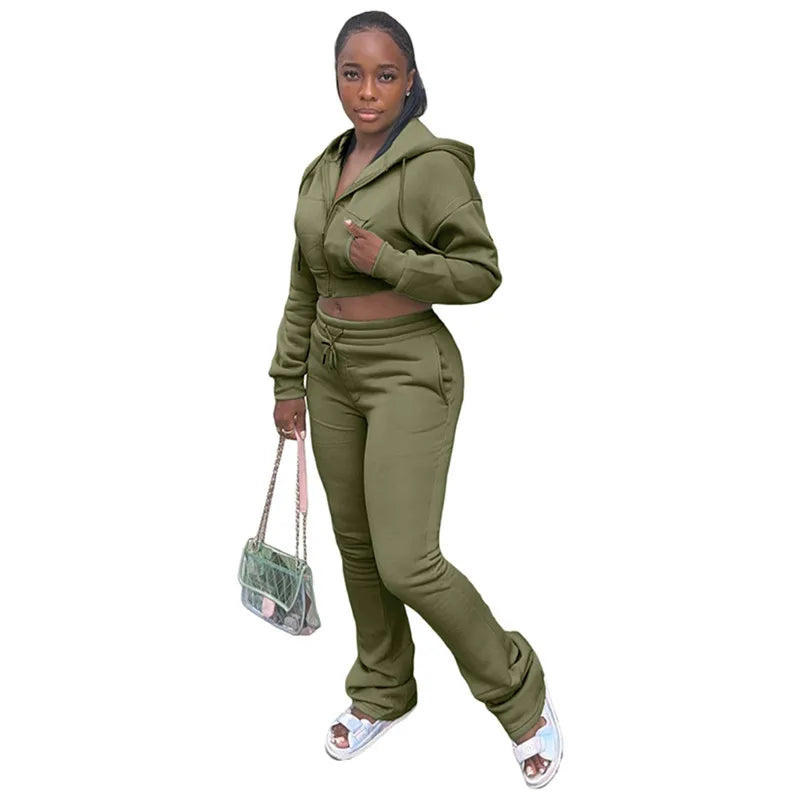 Wholesale Women's Crop Zip Hooded Two Piece Set