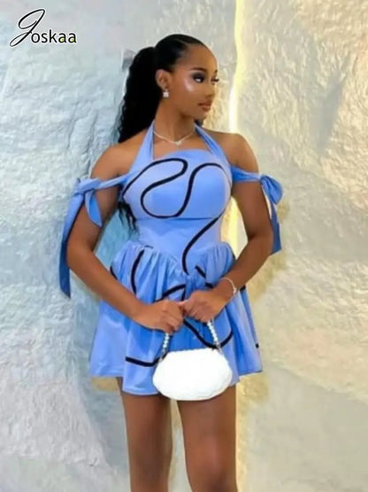 Women's Stripe Lace Backless Halter Mini Dress Blue – Side View