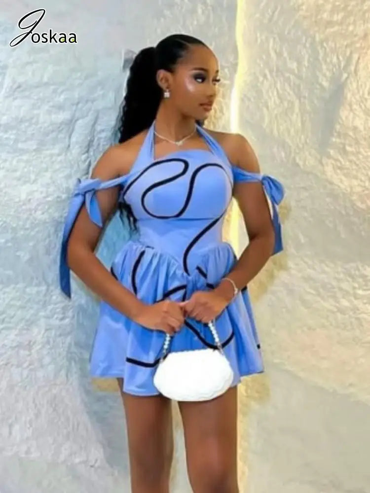 Women's Stripe Lace Backless Halter Mini Dress Blue – Side View
