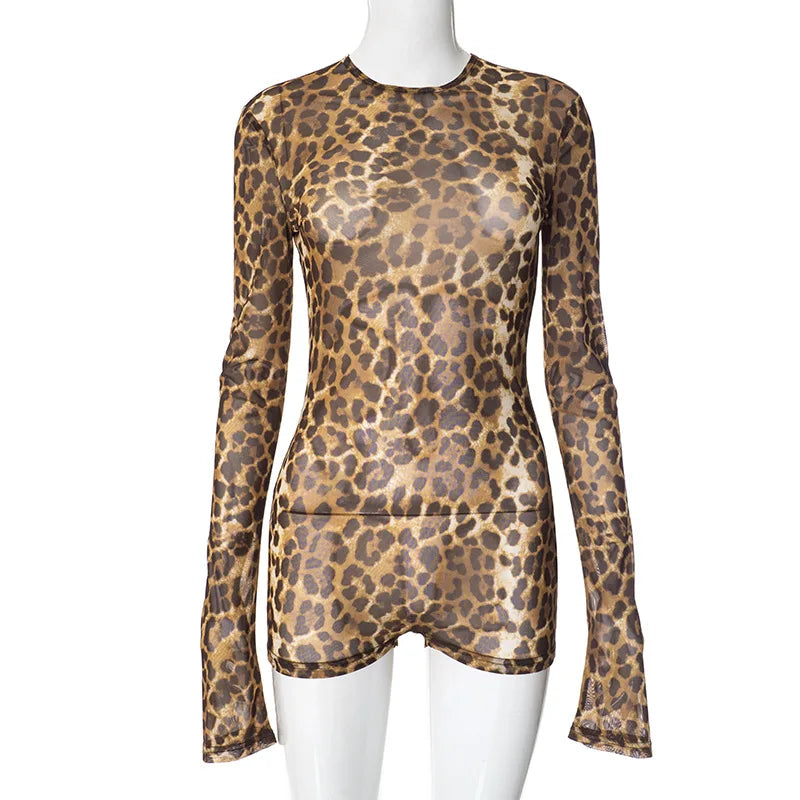 Women's Leopard Print Mesh Backless Romper