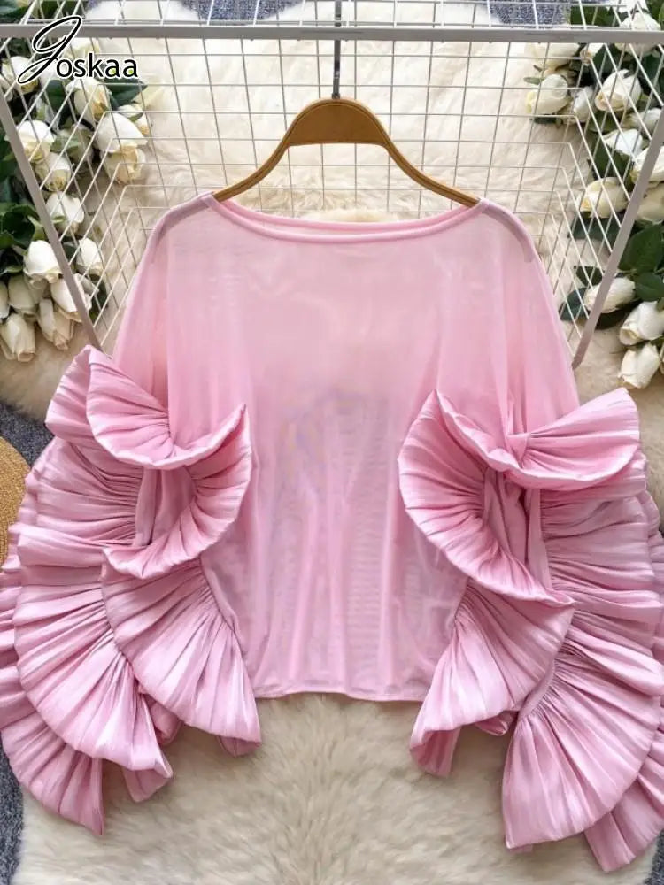 Women's Mesh Long Sleeve Luxury Blouse Ruffles Top – Women's Fashion Wholesale – Front View