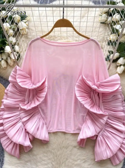 Women's Mesh Long Sleeve Luxury Blouse Ruffles Top – Women's Fashion Wholesale – Front View
