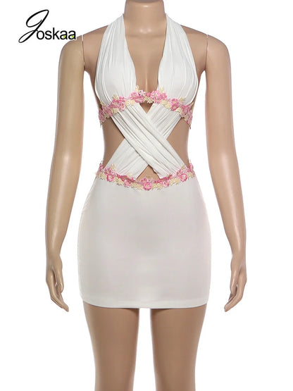 Women's Floral Print Backless Cutout Mini Dress White – Back View