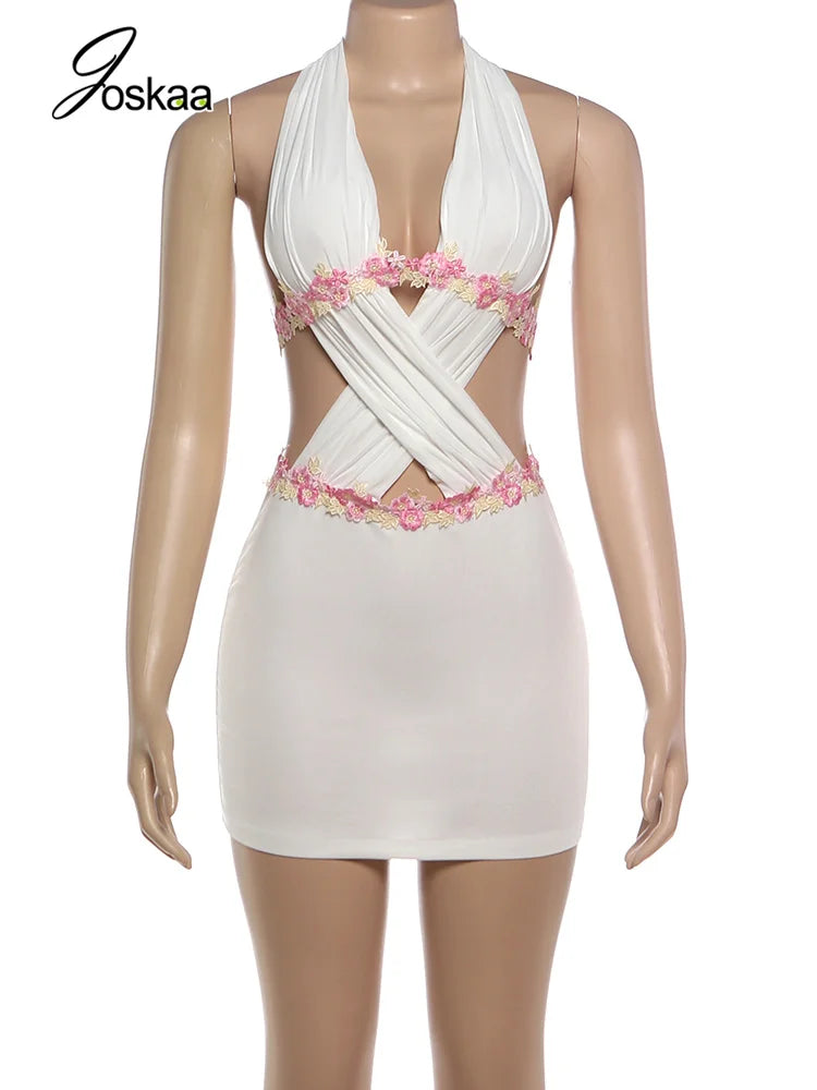 Women's Floral Print Backless Cutout Mini Dress White – Back View