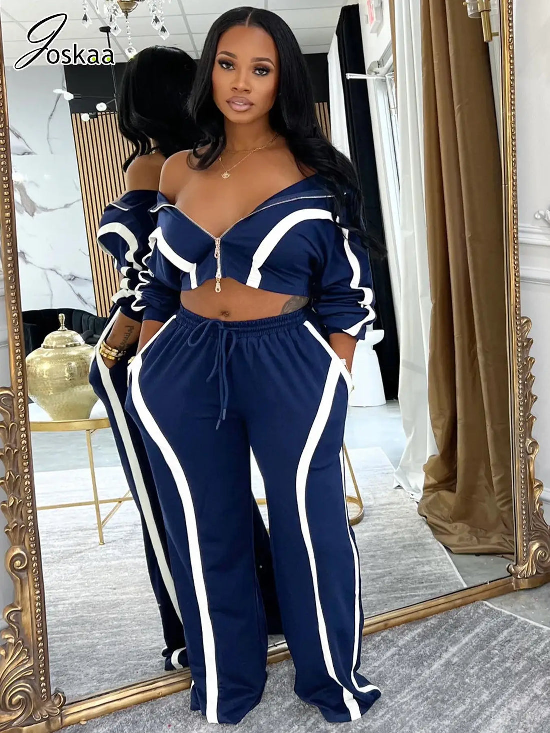 Women's Stripe Crop Flare Zip Wide Leg Two Piece Set – Women's Fashion Wholesale – Front View