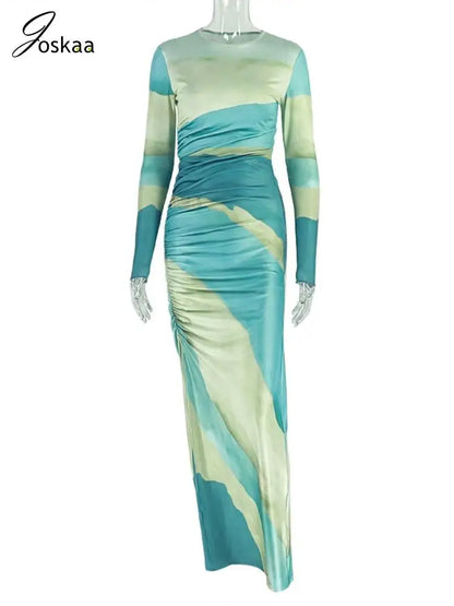 Women's Long Sleeve Bodycon Pleated Maxi Dress Blue Green – Back View