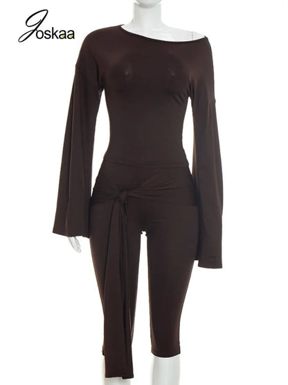 Women's Long Sleeve Wide Leg Two Piece Set - Back View