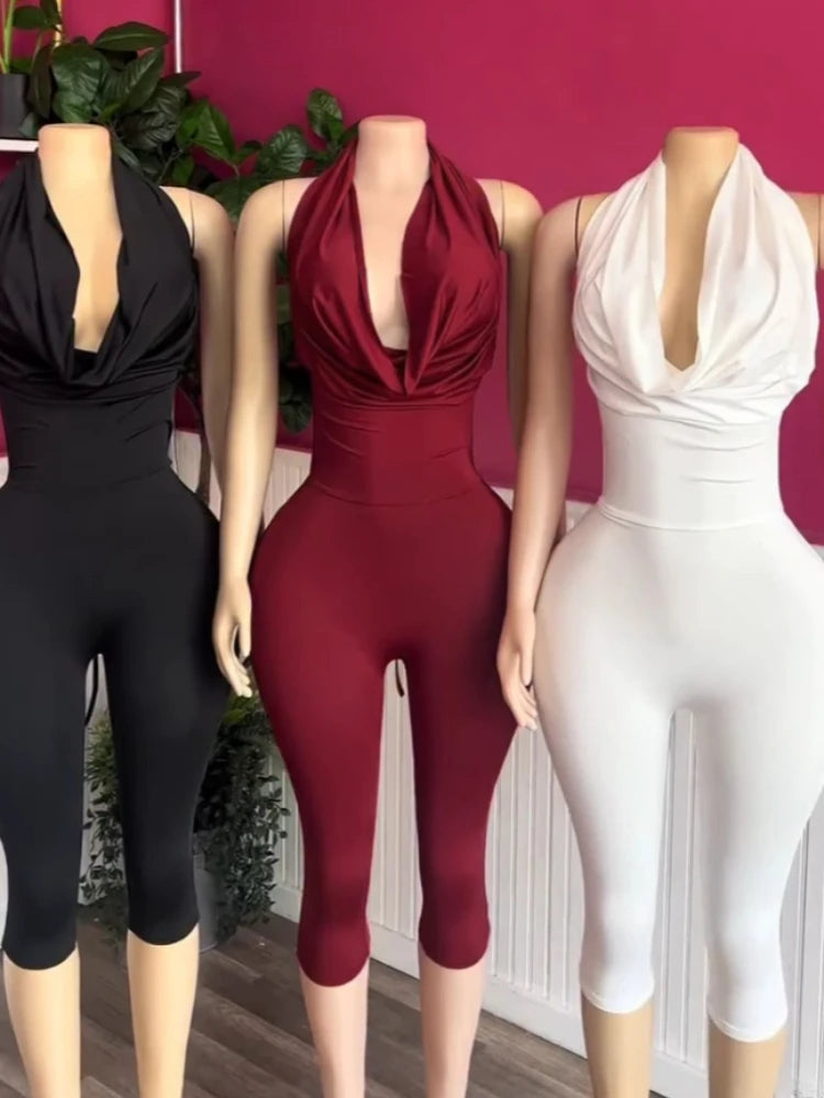 Women's Backless V-neck Halter Sleeveless Romper - Women's Fashion Wholesale - Front View